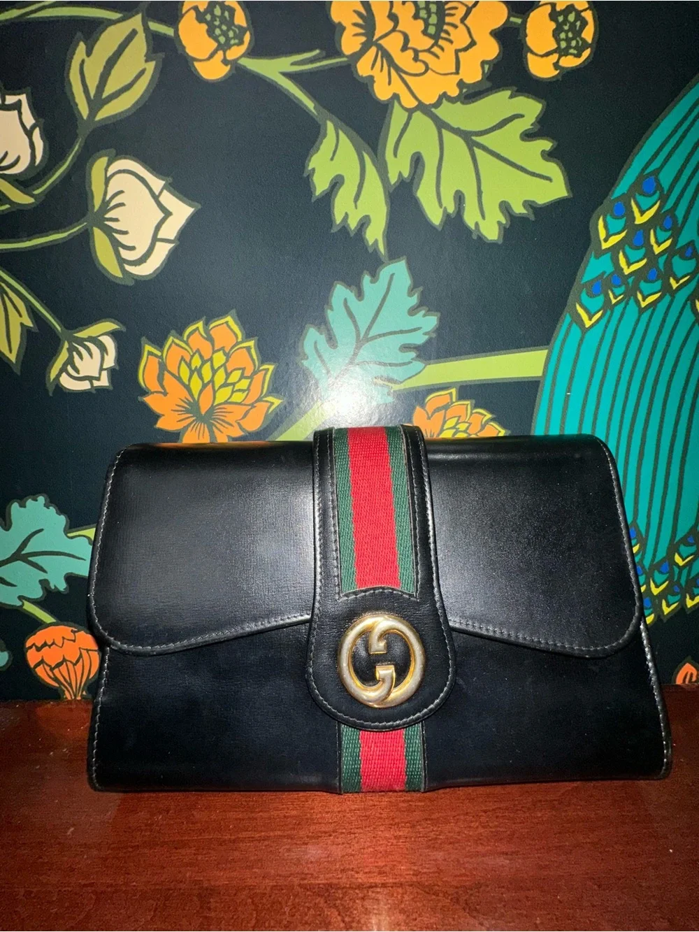Vintage 1970s Gucci Black Leather Web Stripe GG Clutch